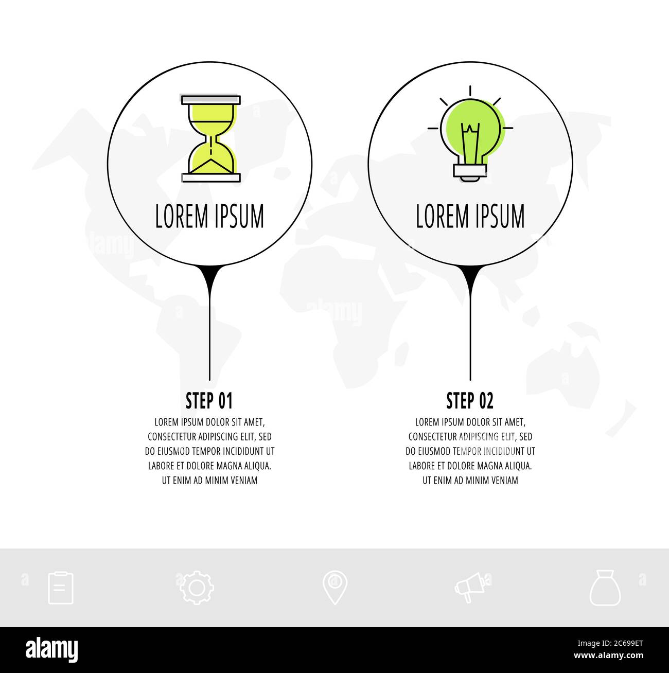 Cercles infographiques avec 2 étapes, flèches. Modèle de vecteur de ligne. Peut être utilisé pour les diagrammes, les entreprises, le Web, les bannières, la mise en page du flux de travail, les présentations, le flux Illustration de Vecteur