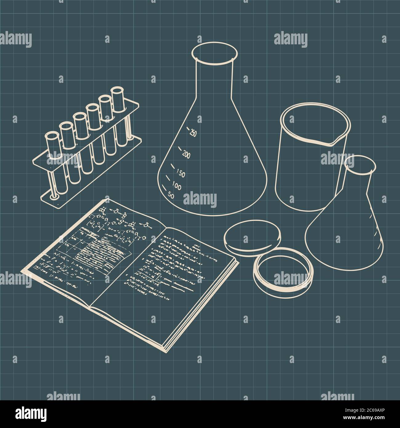 Illustration vectorielle stylisée de l'équipement de laboratoire, des tubes à essai, des flacons et du manuel. Illustration de Vecteur