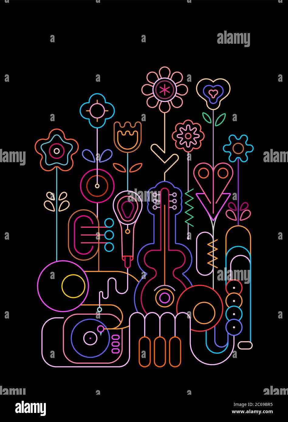 Couleurs néon isolées sur fond noir fleurs d'été et illustrations vectorielles instruments de musique. Les fleurs fleuries poussent des instruments de musique. Illustration de Vecteur