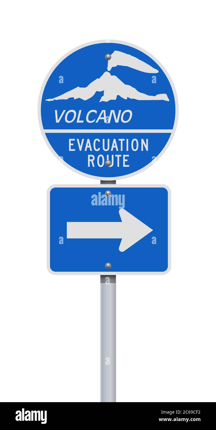 Illustration vectorielle des panneaux de signalisation de la route d'évacuation du volcan sur un poteau métallique Illustration de Vecteur