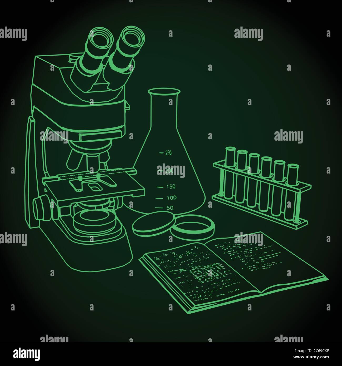 Illustration vectorielle stylisée de l'équipement de laboratoire. Microscope, tubes à essai, flacons et classeur. Illustration de Vecteur