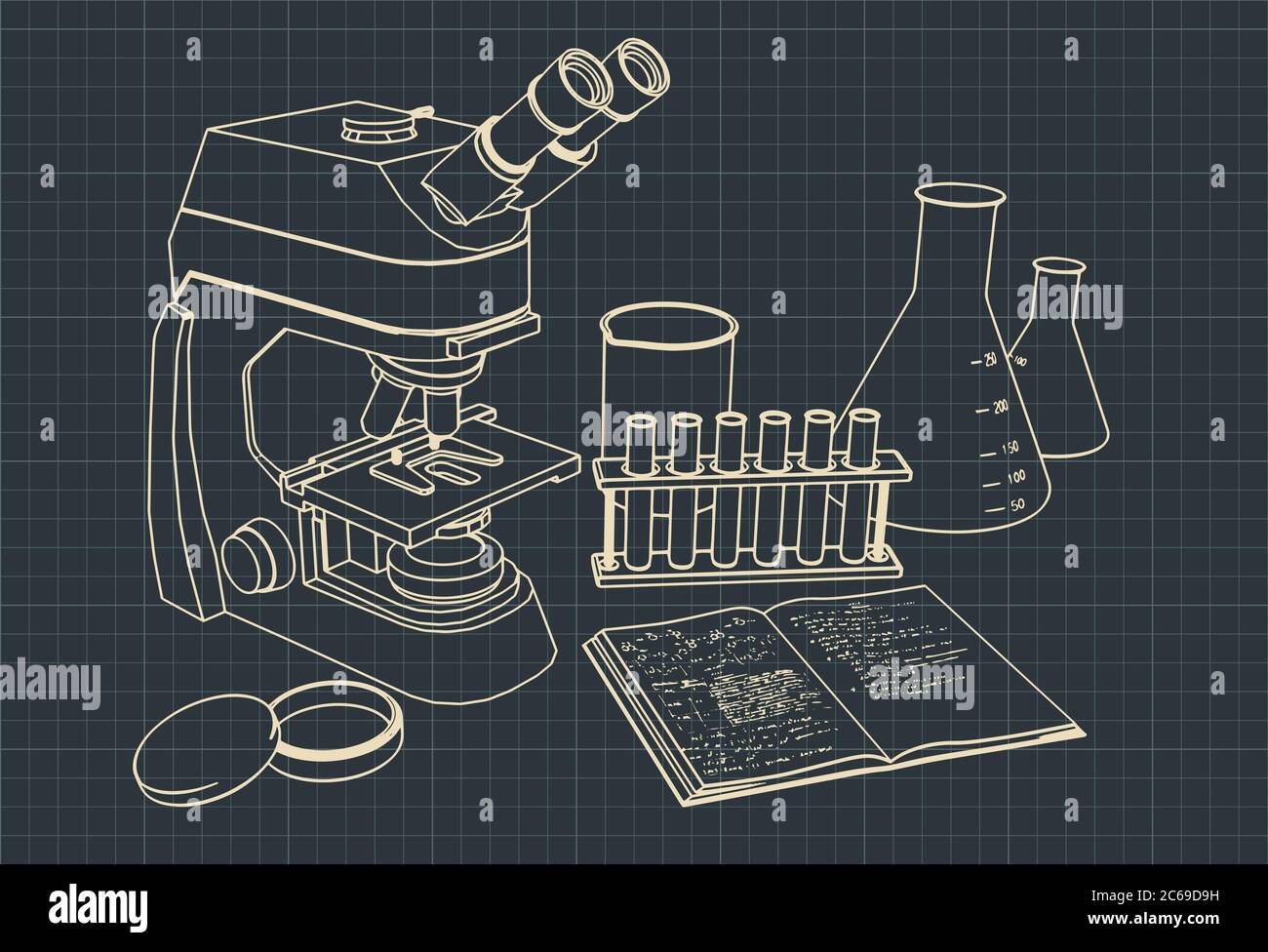Illustration vectorielle stylisée de l'équipement de laboratoire. Microscope, tubes à essai, flacons et classeur. Illustration de Vecteur