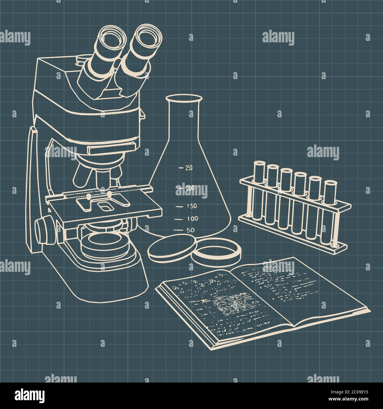 Illustration vectorielle stylisée de l'équipement de laboratoire. Microscope, tubes à essai, flacons et classeur. Illustration de Vecteur