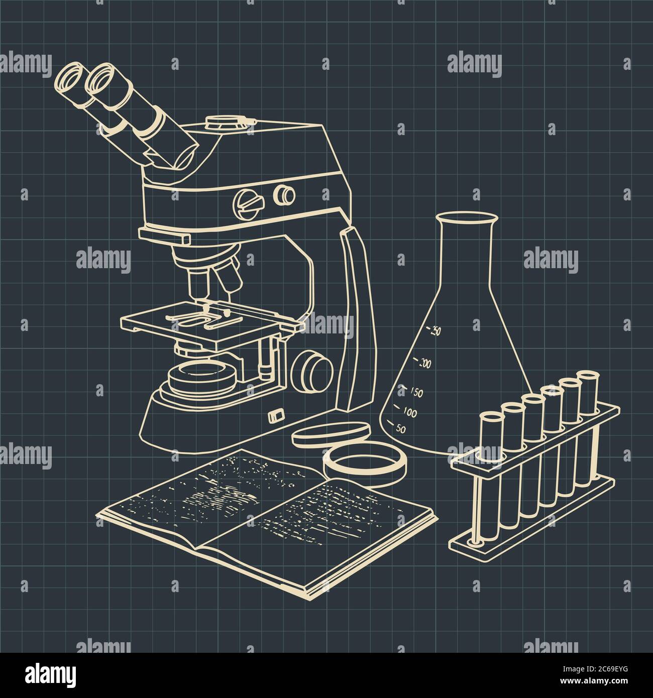 Illustration vectorielle stylisée de l'équipement de laboratoire. Microscope et tubes à essai pour expériences Illustration de Vecteur