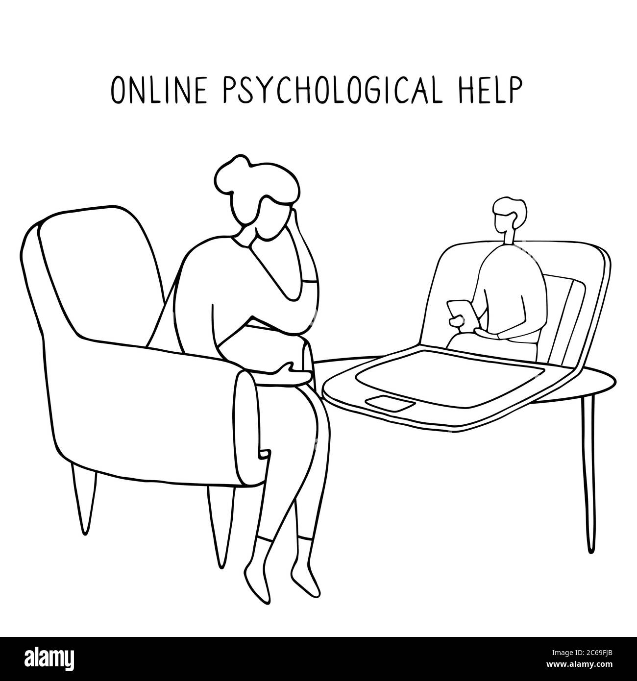 Fille assise dans une chaise devant l'ordinateur et parlant en ligne avec le psychologue. Aide psychologique à distance, psychiatre consultant patient. Mental Illustration de Vecteur