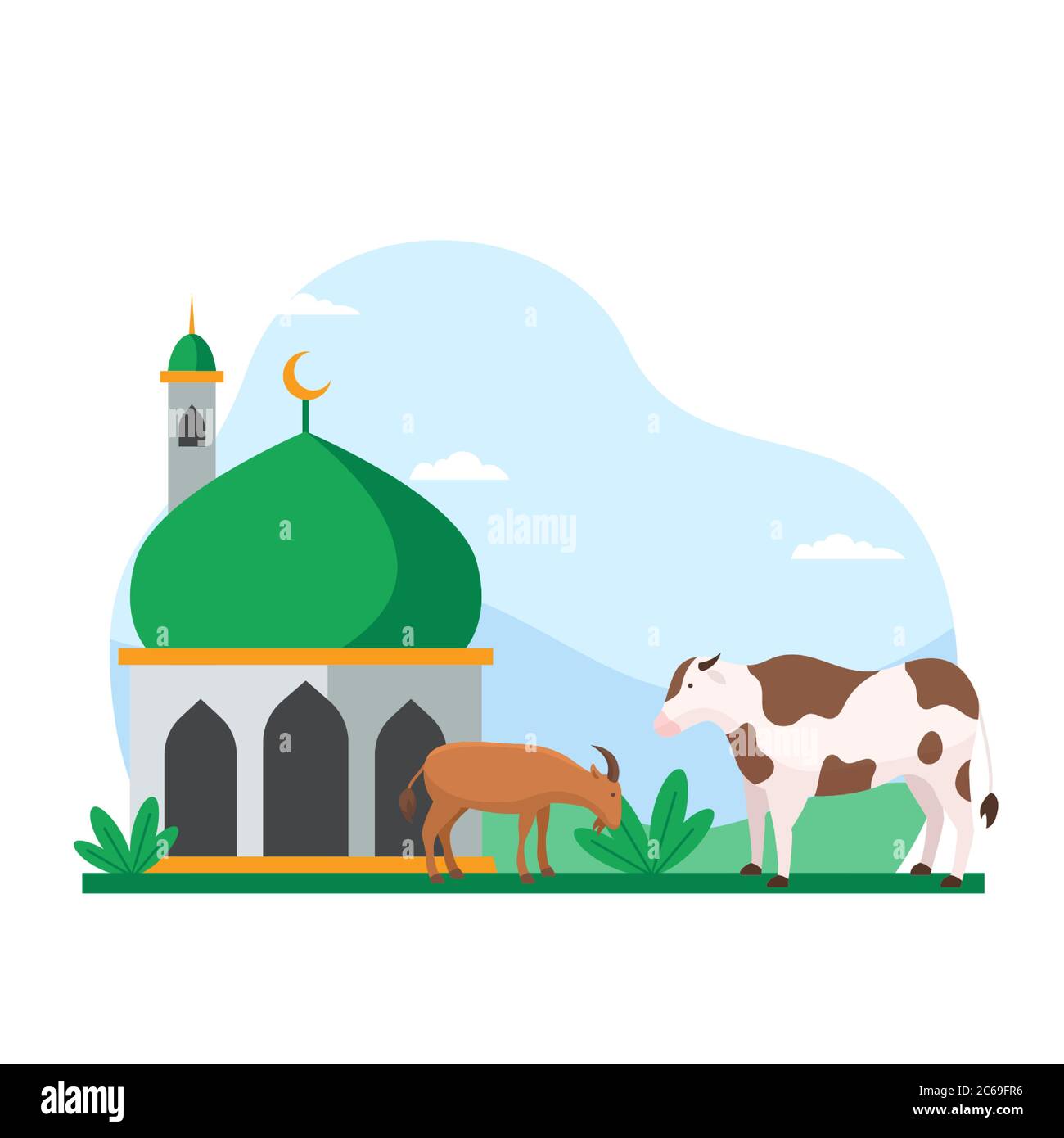 EID Al Adha vacances islamiques le sacrifice de l'animal de bétail poster conception de fond. Vache et chèvre à la cour de la mosquée pour le vecteur qUrban illustrator Illustration de Vecteur