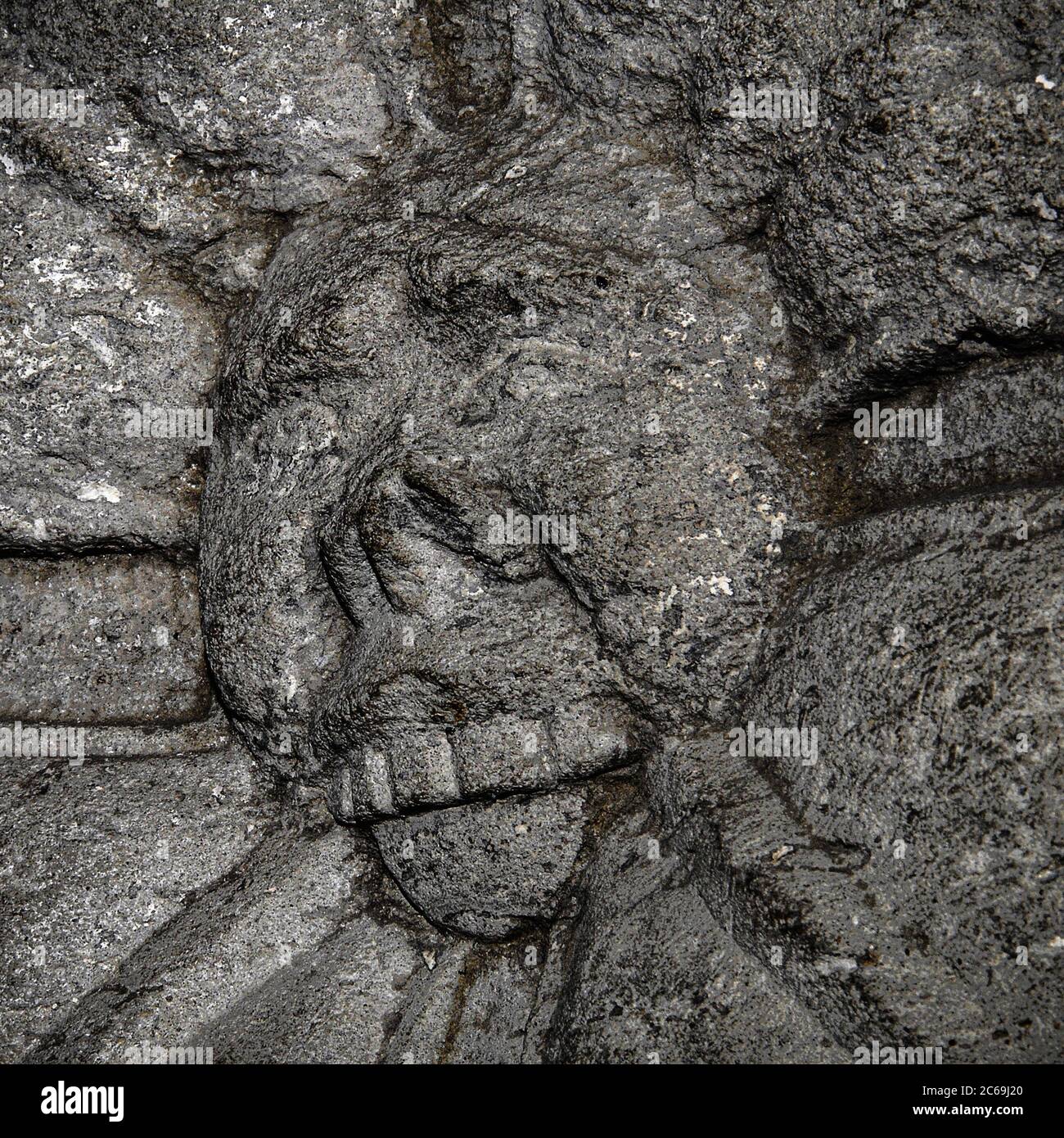 Gros plan sur un Green Man toileux – un symbole païen de la fertilité et de la vie nouvelle souvent trouvé dans les anciennes églises britanniques – sculpté sur la face ouest de la police octogonale bordée de plomb dans l'église paroissiale médiévale de Saint-Laurent à Hawkhurst, Kent, Angleterre, Royaume-Uni. La police date d'environ 1450. Banque D'Images