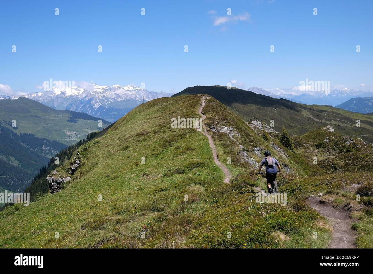 Motard de montagne sur la crête de Glaser ; Glaspass, parc naturel Beverin, canton des Grisons, Suisse. Banque D'Images