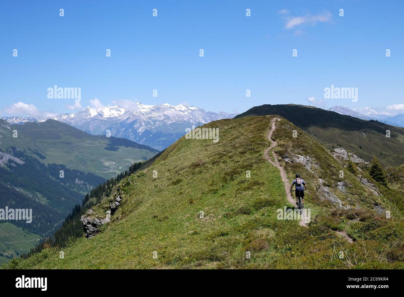 Motard de montagne sur la crête de Glaser ; Glaspass, parc naturel Beverin, canton des Grisons, Suisse. Banque D'Images