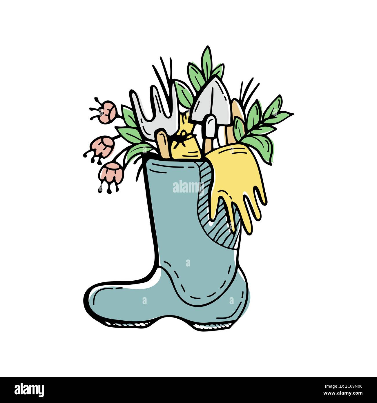 Plantes et fleurs, outils de jardinage dans une botte en caoutchouc. Gribouillages dessinés à la main. Illustration de Vecteur