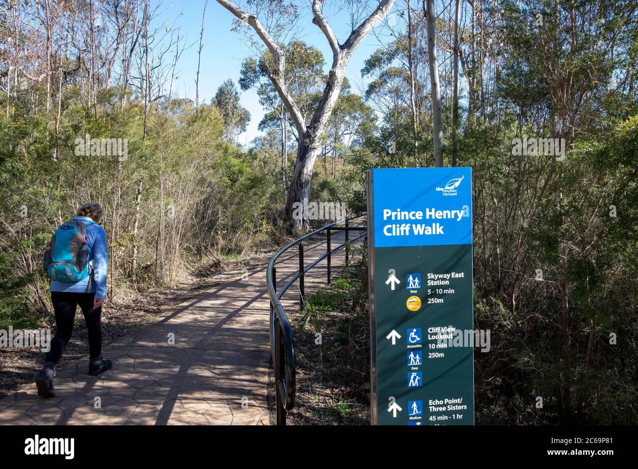 Femme marchant dans le parc national des montagnes bleues sur la promenade de la falaise prince Henry, NSW, Australie Banque D'Images