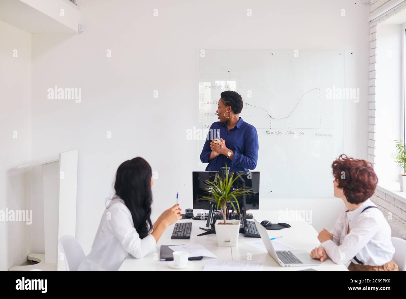 Groupe international de femmes discutant d'affaires, entraîneur africain en bureau avec intérieur blanc. Schéma, graphiques derrière Banque D'Images