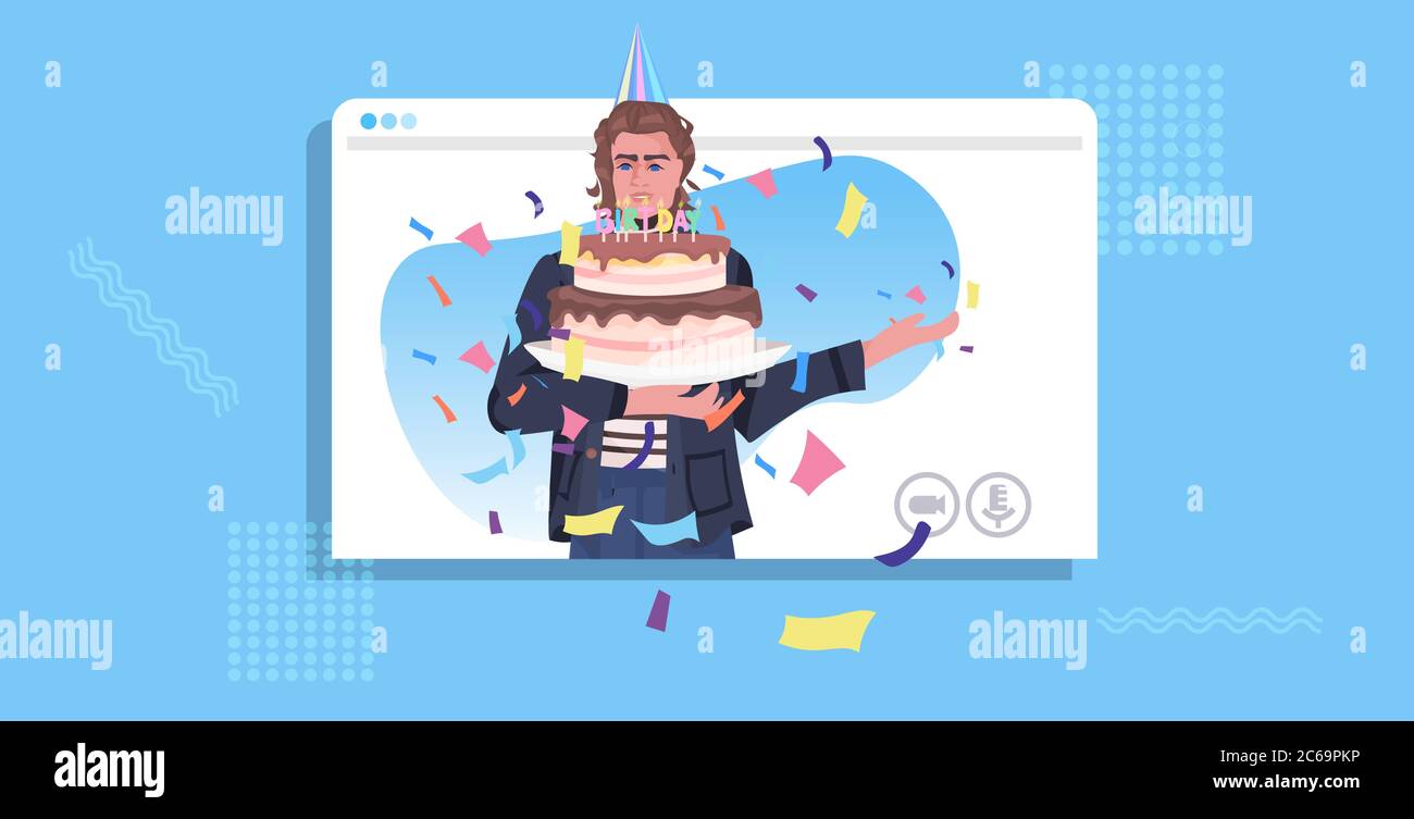 homme dans chapeau festif célébrant en ligne le gars dans la fenêtre de navigateur web tenant anniversaire gâteau célébration concept portrait horizontal illustration vectorielle Illustration de Vecteur