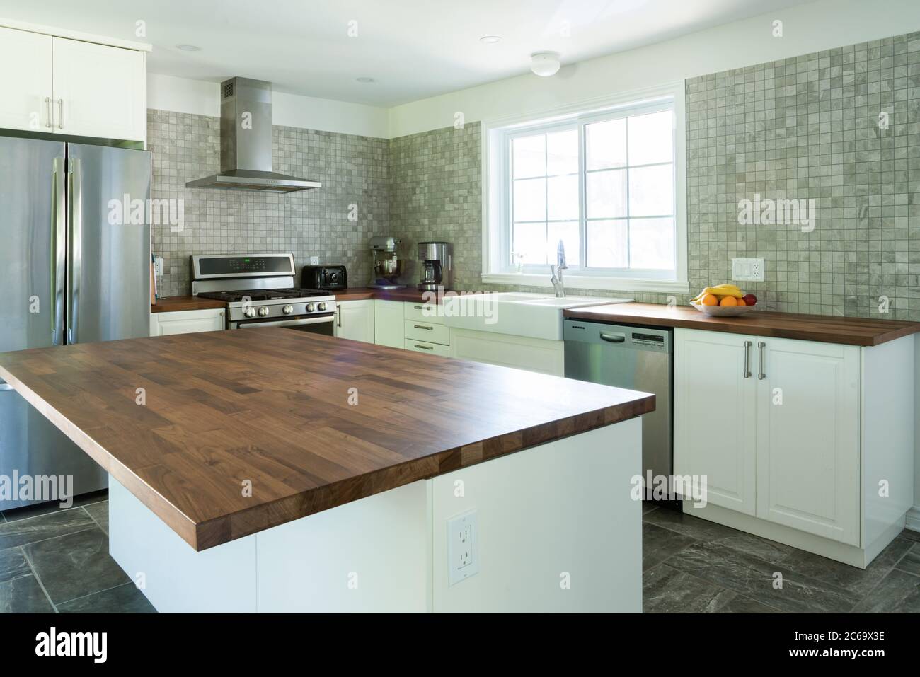 Nouvelle cuisine grise et blanche avec appareils électroménagers et plan de travail en bois Banque D'Images