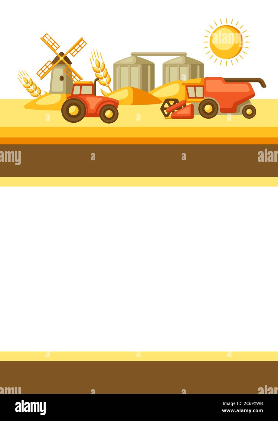 Récolte de fond. Moissonneuse-batteuse, tracteur et granary sur champ de blé. Illustration de Vecteur