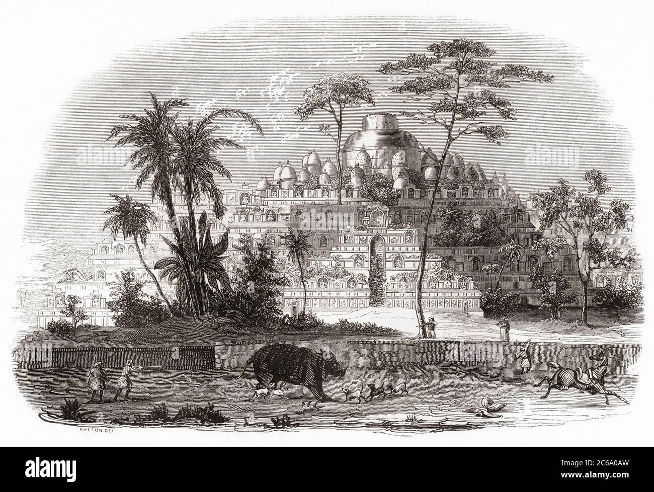 Temple de Borobudur, ou Barabudur, Java central, Indonésie, vu ici au XIXe siècle. Construit au 9ème siècle pendant la dynastie Saitendra. De monuments de tous les Peuples, publié en 1843. Banque D'Images