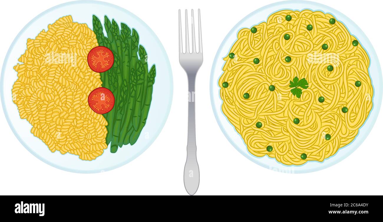 Ensemble de plats classiques de pâtes italiennes contenant des pâtes Fusilli aux tomates et asperges et spaghetti aux haricots verts et une pointe d'isolat de coriandre Illustration de Vecteur