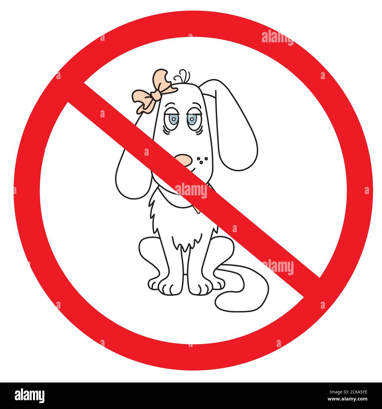 Les chiens ne sont pas admis. Adorable chien fille avec un noeud sur l'oreille. Panneau interdiction chien interdit. Illustration vectorielle Illustration de Vecteur