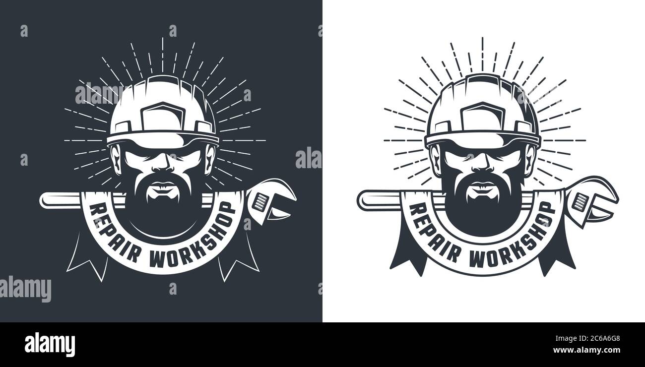 Mécanicien en casque et clé - emblème rétro Illustration de Vecteur