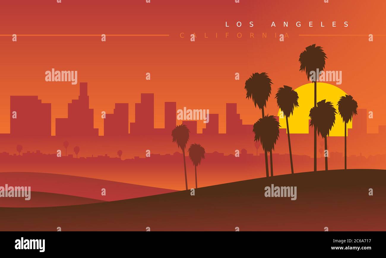 Vue de Los Angeles au coucher du soleil, vue de loin. Illustration vectorielle. Paysage urbain stylisé. Californie, États-Unis Banque D'Images