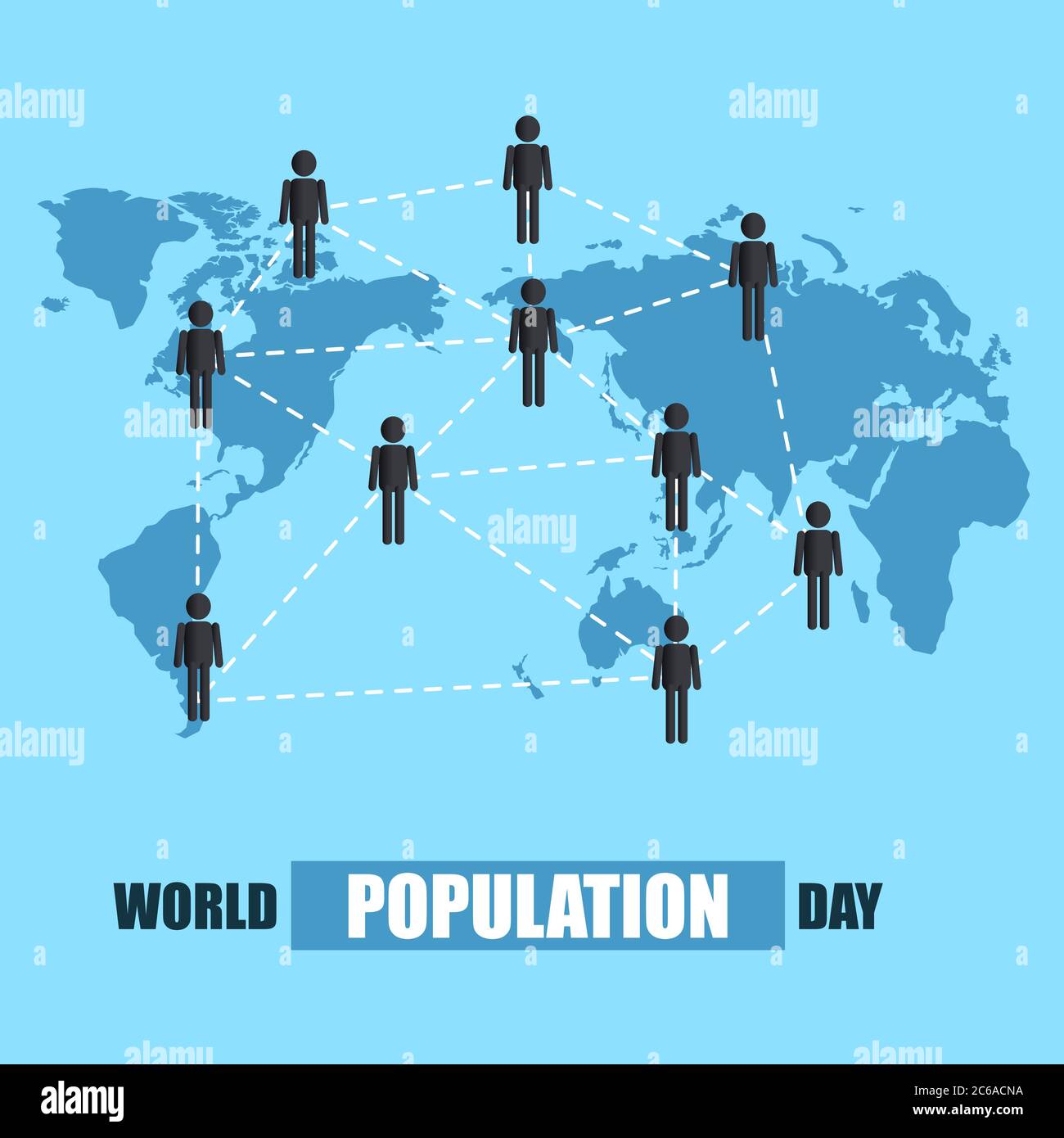 Journée mondiale de la population, réseau et connexion de personnes, carte du monde bleu, affiche, modèle pour le Web, illustration vectorielle Illustration de Vecteur