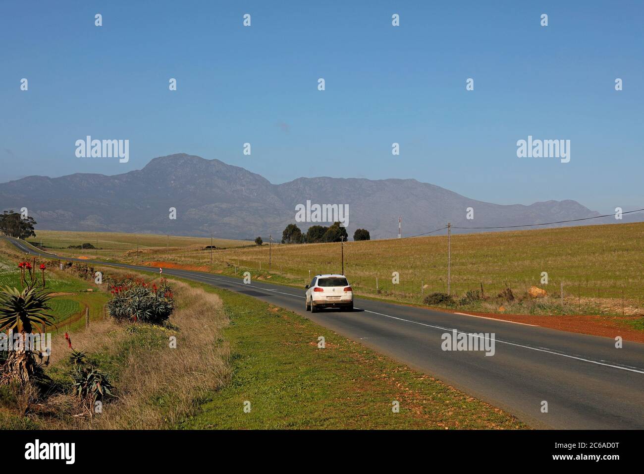 Paysage rural entre les villes de Caledon et Villiersdorp dans la région d'Overberg, dans la province du Cap-Occidental en Afrique du Sud. Banque D'Images