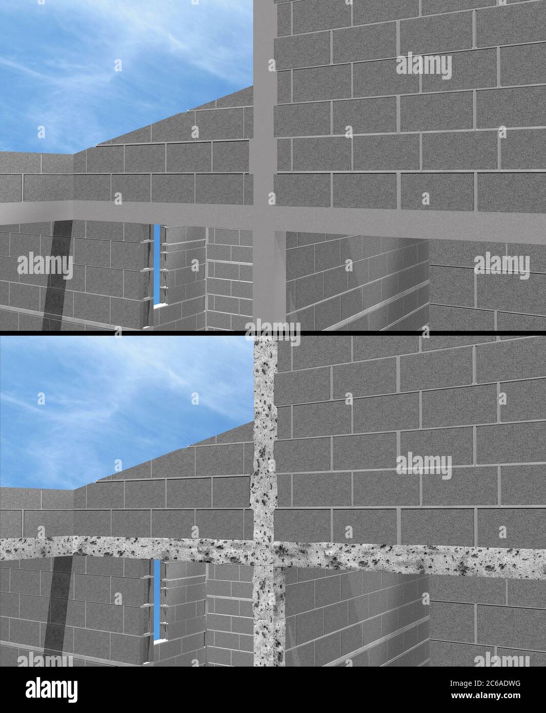 Le graphique montre la différence entre les colonnes en béton bien mélangé et les colonnes en béton poreux avec des fissures. Illustration 3D Banque D'Images