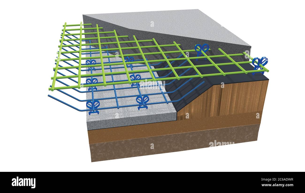 Le graphique montre une section de la structure d'un plancher en béton où la structure métallique est vue avant de verser le béton. Illustration 3D Banque D'Images