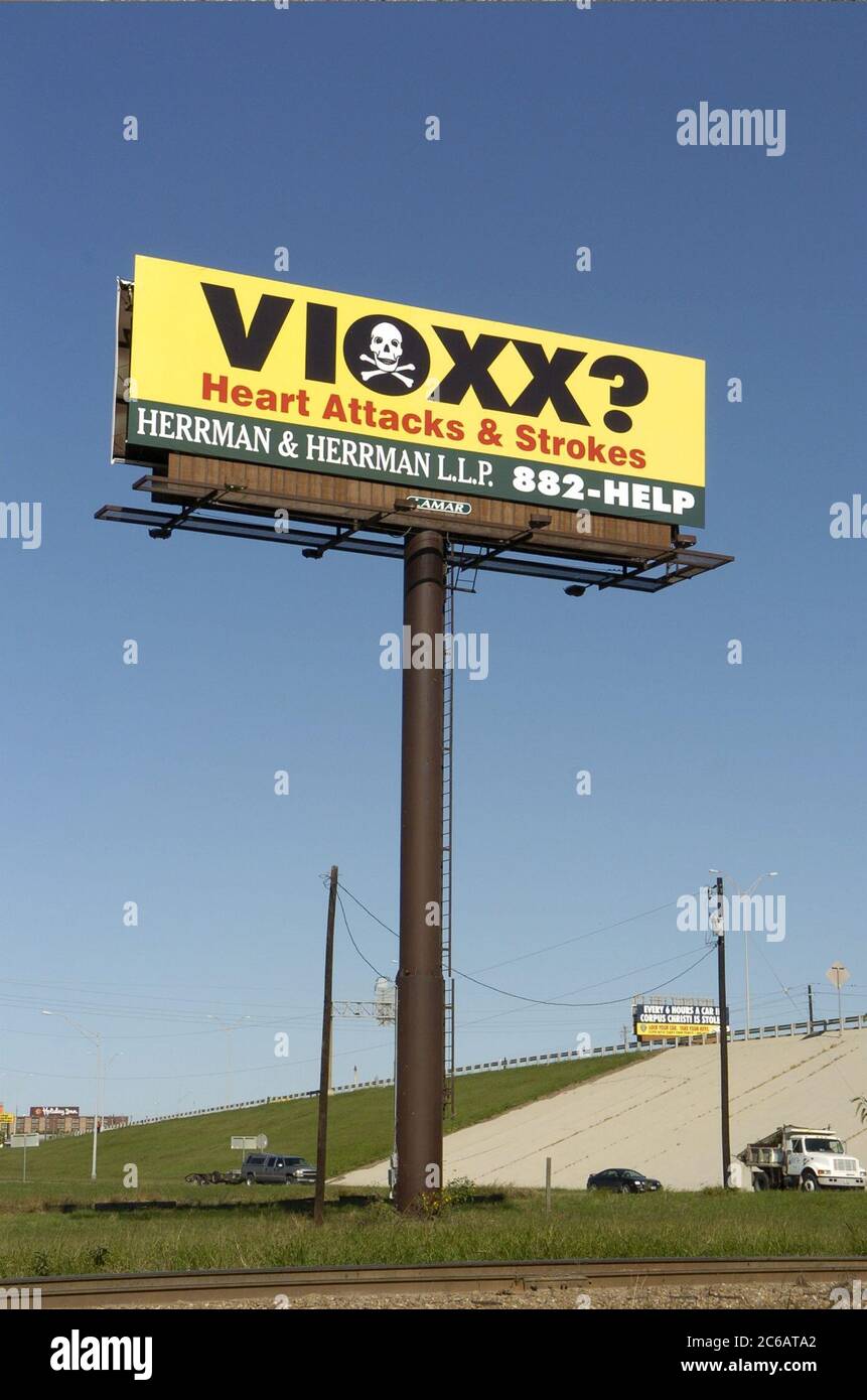Corpus Christi, TX 07DEC04 : publicité sur panneau d'affichage du cabinet d'avocats pour les réclamations médicales Vioxx. ©Bob Daemmrich Banque D'Images