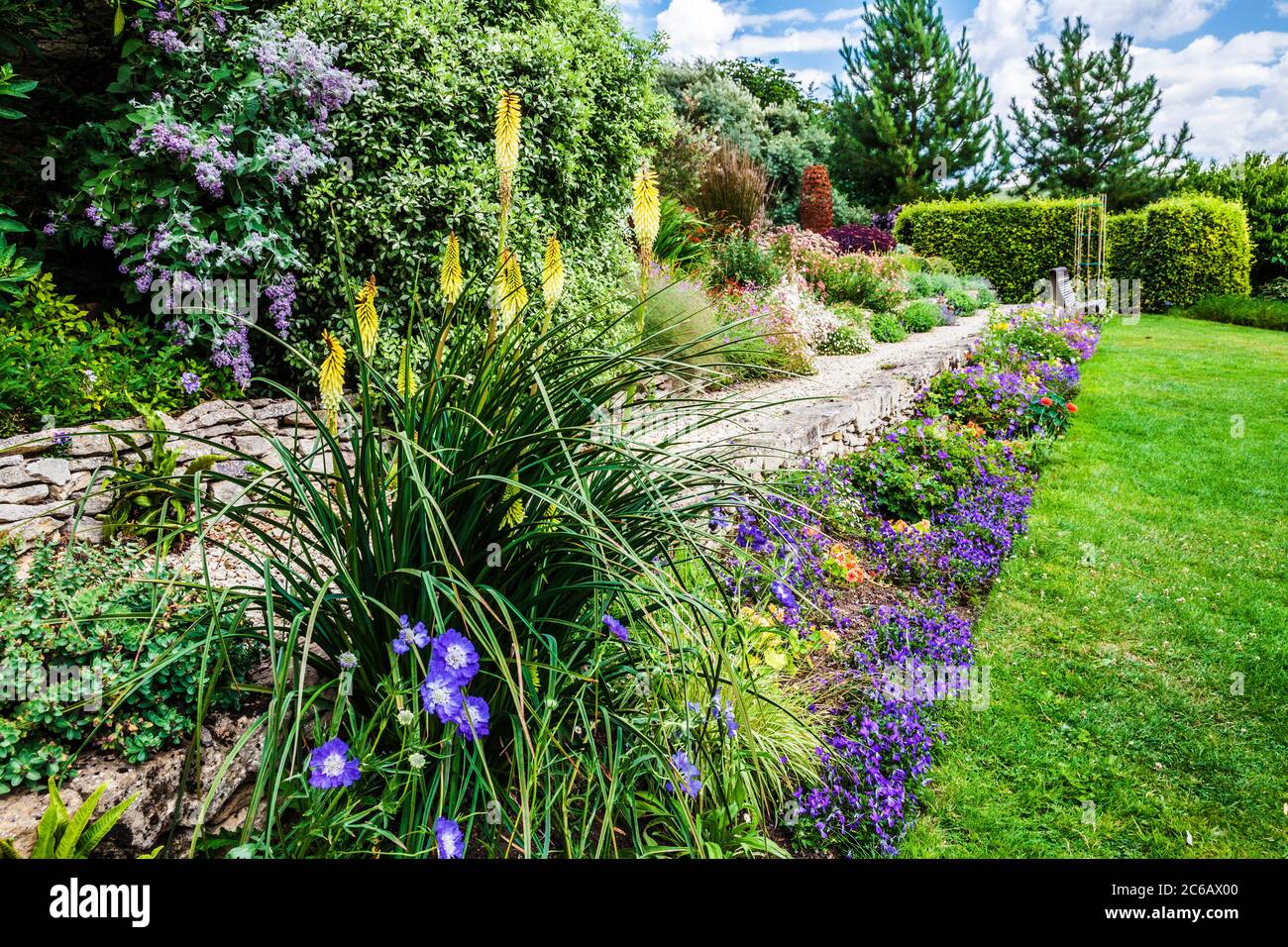 Terrasse herbacée dans un jardin en pente. Banque D'Images