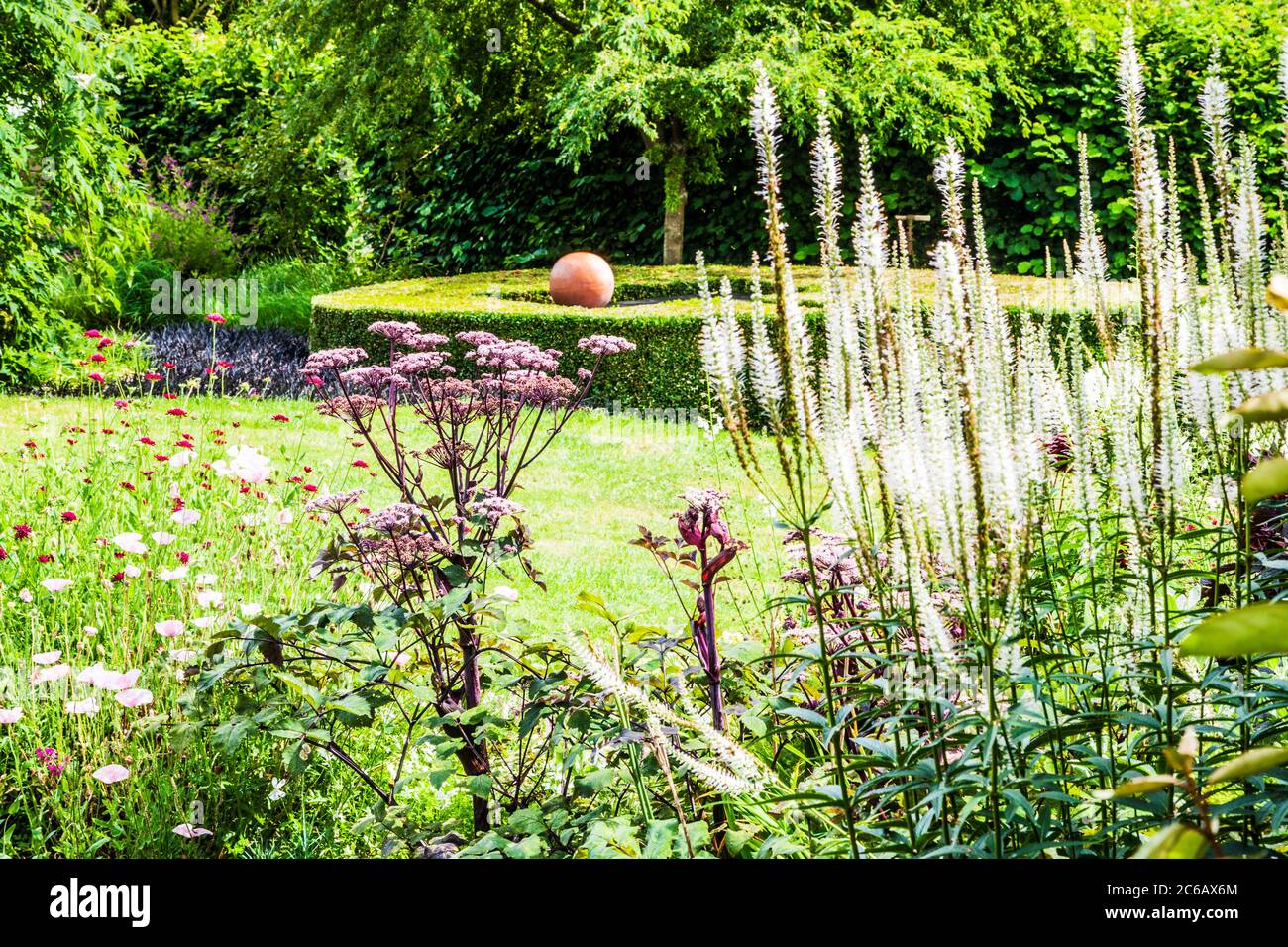 Un grand conteneur de plantes utilisé comme élément central dans un jardin d'été. Banque D'Images