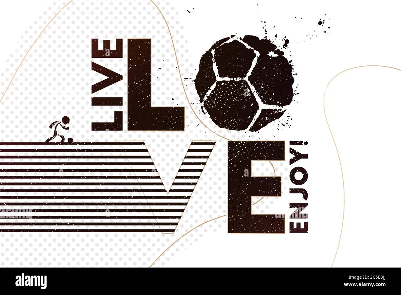 Vivez, aimez, amusez-vous avec le football. Illustration vectorielle d'un arrière-plan de football abstrait avec imprimé boule de football grunge pour votre conception Illustration de Vecteur