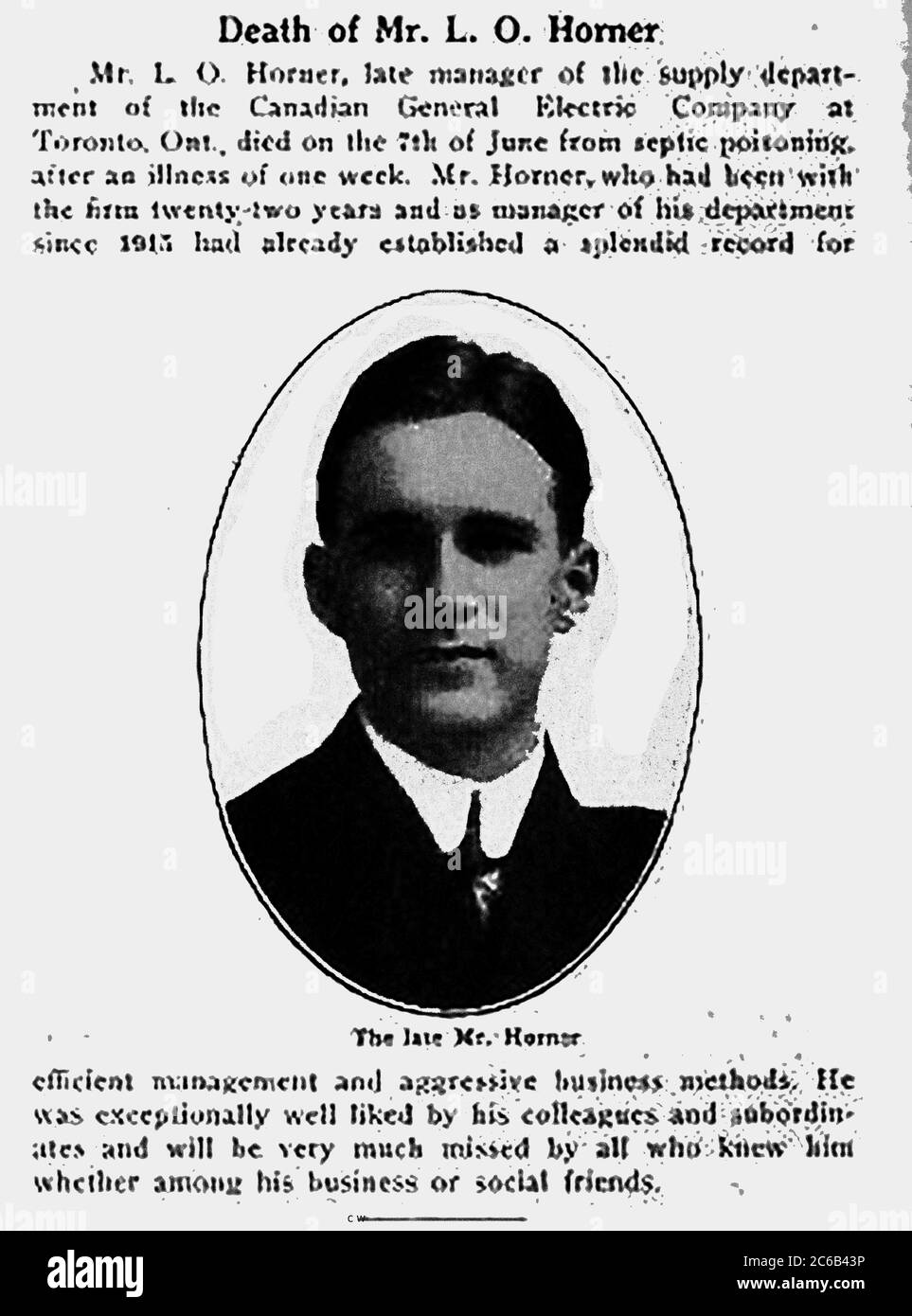 Une nécrologie et un portrait de 1920 de M. L O Horner, gestionnaire du département d'approvisionnement de la Compagnie canadienne General Electric, Toronto, Canada. La société a été constituée au Canada en 1892 à la suite de la fusion de la Edison Electric Light Company of Canada (de Hamilton, Ontario) et de la Thomson-Houston Electric Light Company of Canada (de Montréal). Banque D'Images