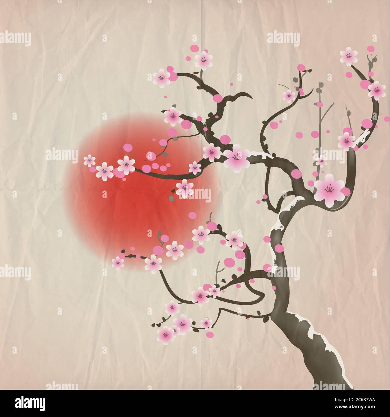 Bouée d'un cerisier en fleur contre le soleil rouge. Papier froissé effet vintage. Format vectoriel EPS10. Illustration de Vecteur