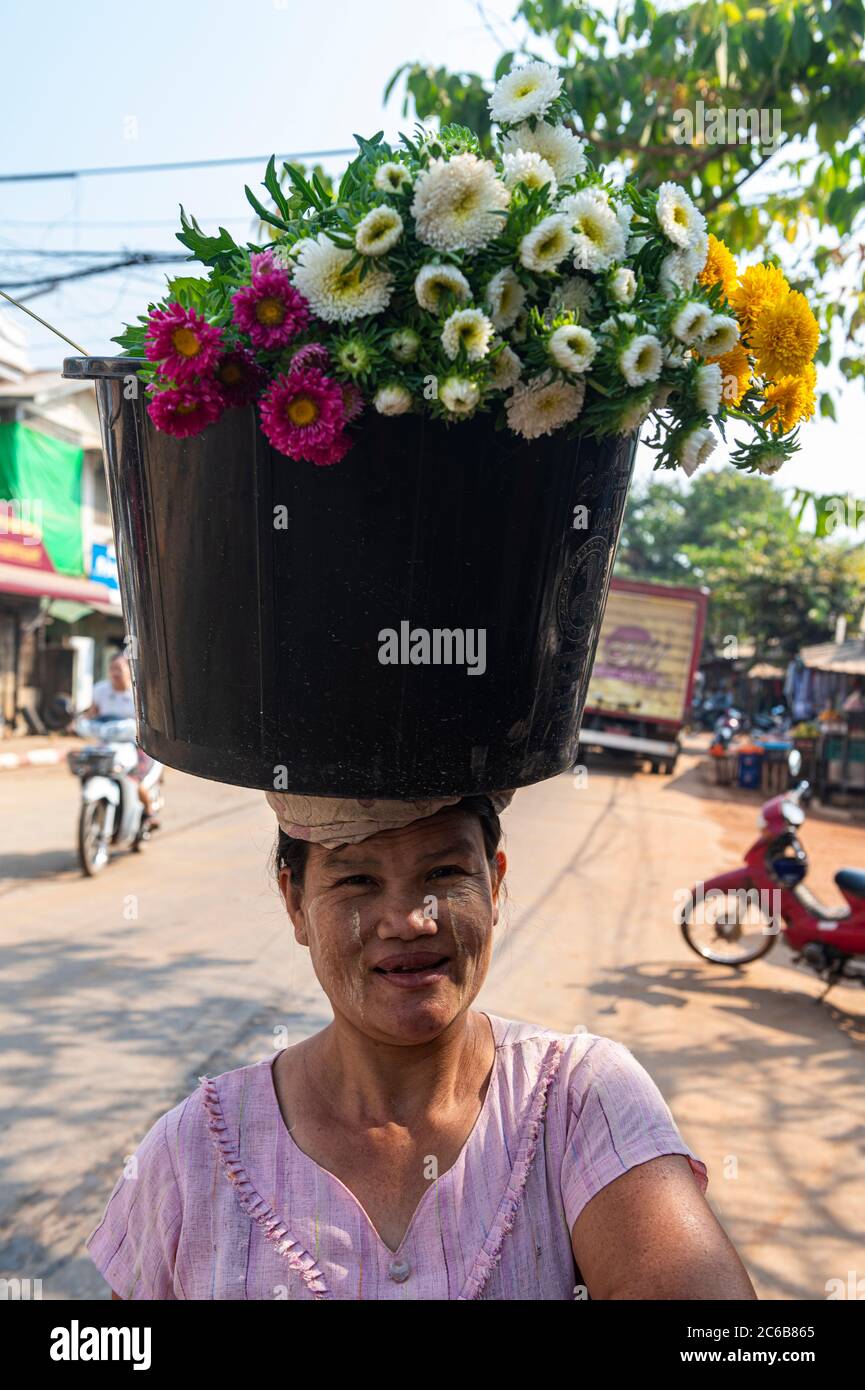 Femme vendant des fleurs, Ye, mon état, Myanmar (Birmanie), Asie Banque D'Images
