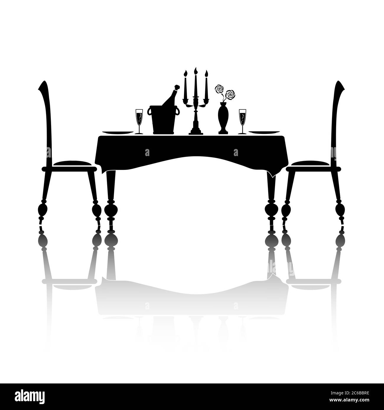 Silhouette de table romantique pour deux. Noir et blanc avec réflexion et espace pour votre texte. Format vectoriel EPS10 Illustration de Vecteur