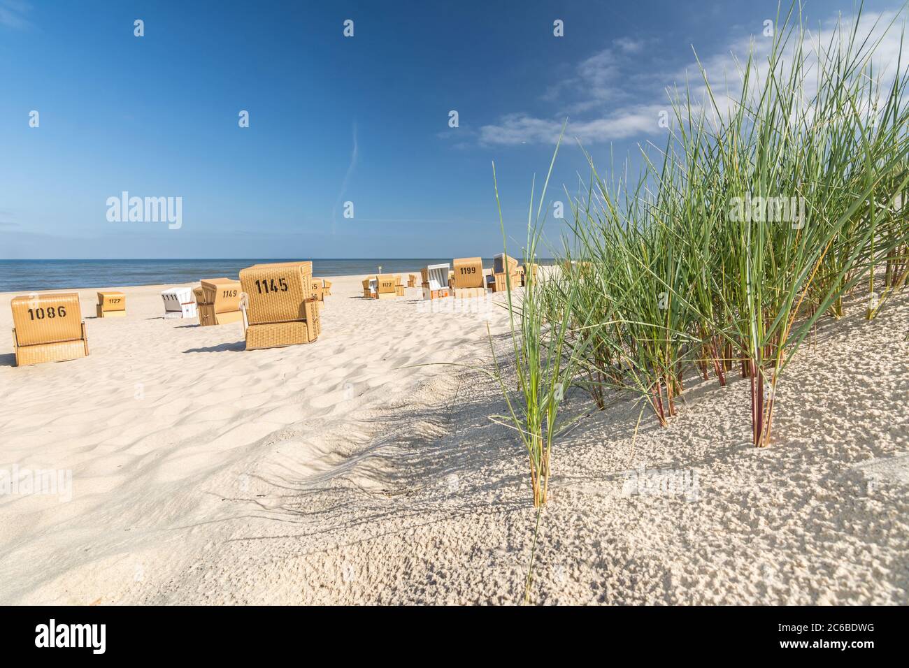 Plage de sable et d'herbe avec des chaises de plage en arrière-plan sur l'île de Sylt, Allemagne Banque D'Images