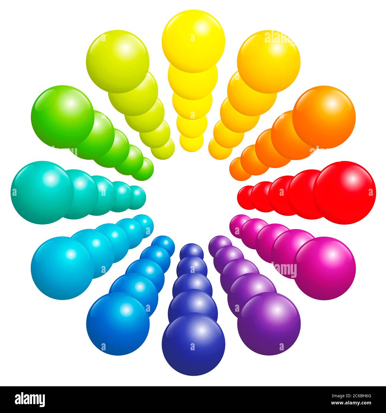 Motif de boule coloré : cercle, tube, tour ou fleur. Spectre arc-en-ciel très brillant formé par de nombreuses boules de couleur tridimensionnelles. Banque D'Images