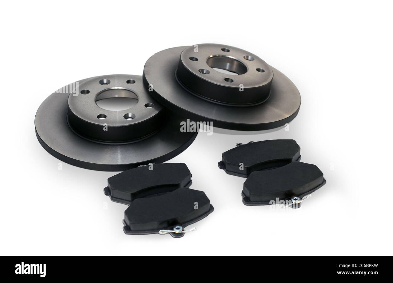 Plaquettes et disques de frein, quatre plaquettes de frein et deux nouveaux disques de frein pour la voiture Banque D'Images