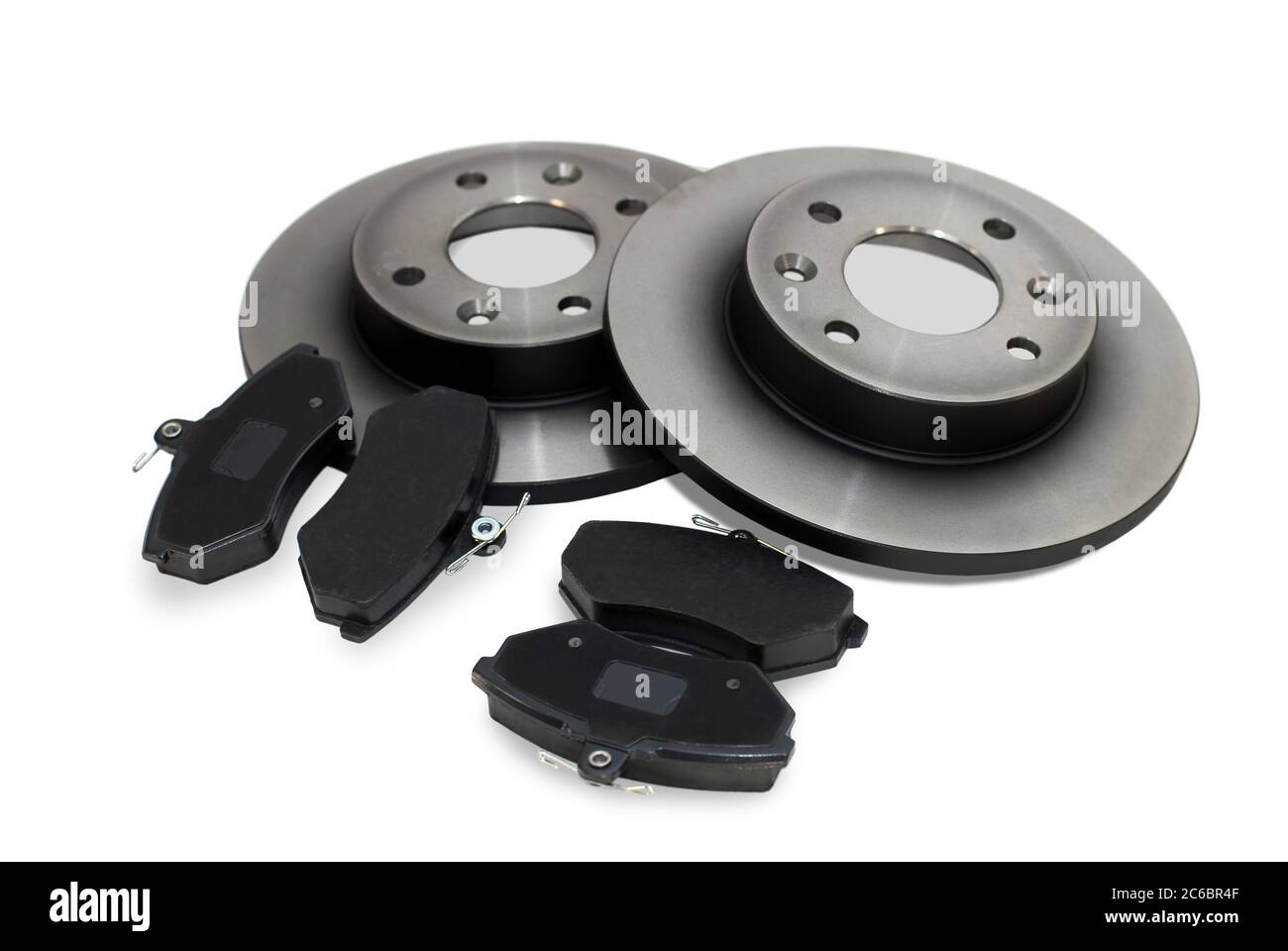 Plaquettes et disques de frein, quatre plaquettes de frein et deux nouveaux disques de frein pour la voiture Banque D'Images