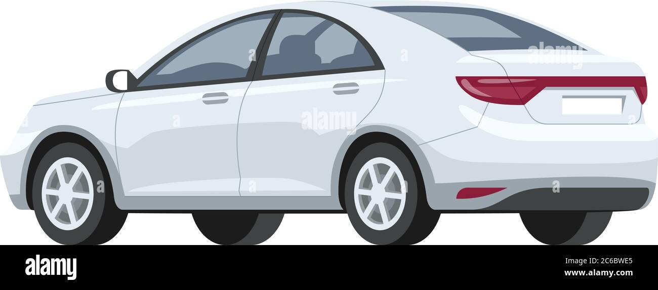Illustration vectorielle couleur RVB semi-plate voiture argent. Luxe et élégante automobile blanche. Moyens de transport urbains. Vue arrière, vue latérale. Dessin animé isolé c Illustration de Vecteur