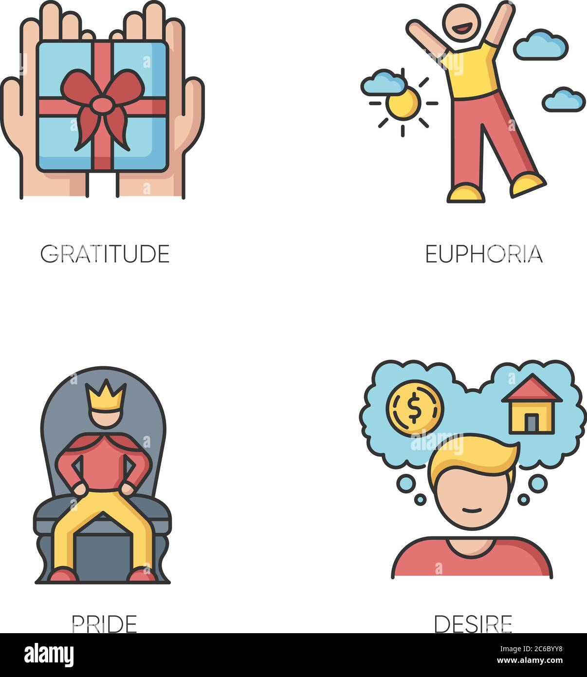 Emotions et traits de personnalité jeu d'icônes de couleur RVB. Sentiments humains, bonnes et mauvaises qualités. Gratitude, euphorie, fierté et désir. Vecteur isolé il Illustration de Vecteur