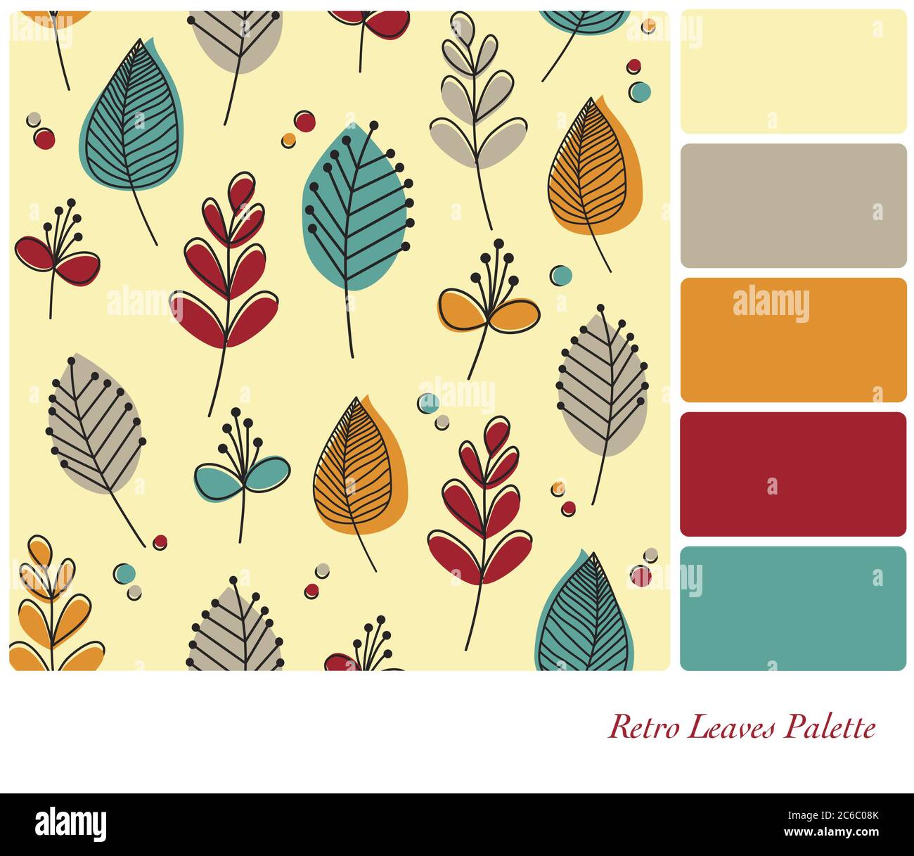 Fond plat de feuilles et de fleurs rétro, dans une palette de couleurs avec des nuances de couleurs gratuites. Format vectoriel EPS10. Illustration de Vecteur