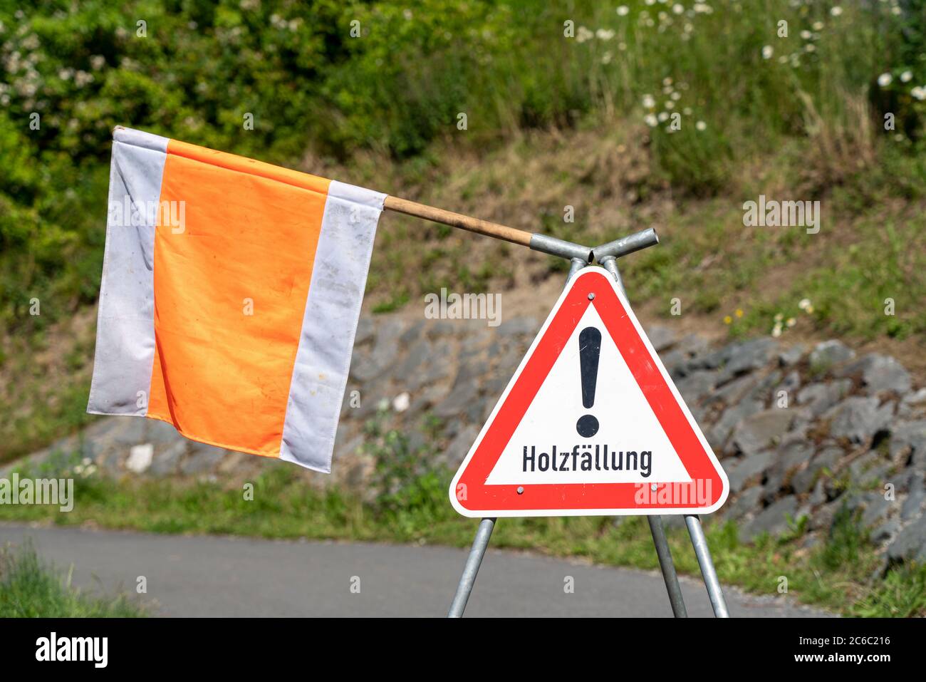 Panneau indiquant l'exploitation forestière, travaux sur une route publique, Meschede, NRW, Allemagne Banque D'Images
