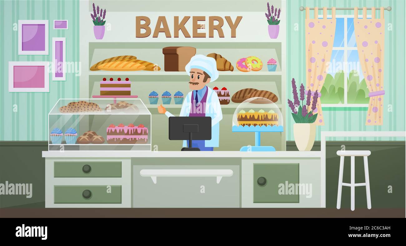 Illustration vectorielle plate de dessin animé de boulangerie. Intérieur de  pâtisserie, comptoir et vitrine, gâteaux et petits gâteaux, croquis  d'assortiment de pain et de confiserie. Vendeur de pâtisserie, personnage  de boulanger masculin