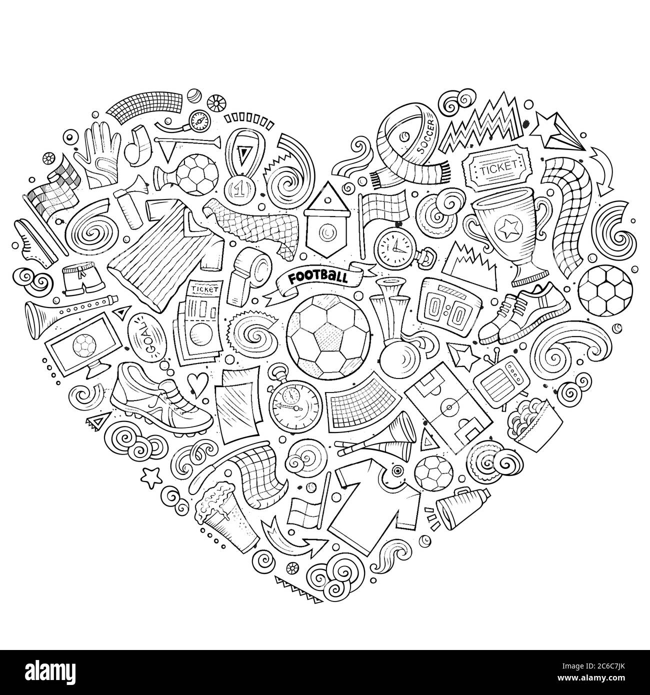 Ensemble d'objets de football à motif vectoriel en forme de dessin animé recueillis dans un cœur Illustration de Vecteur