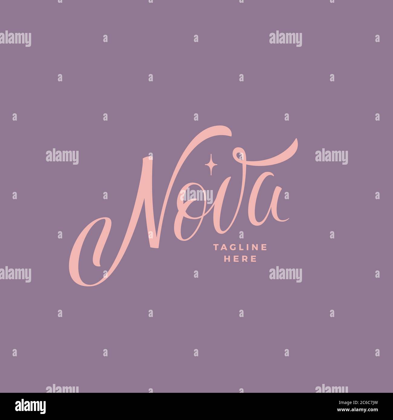 Nova Inscription Abstract Vector Sign, Emblem ou logo Template. Lettrage dessiné à la main de qualité supérieure avec silhouette d'étoile. Rose sur fond violet Illustration de Vecteur