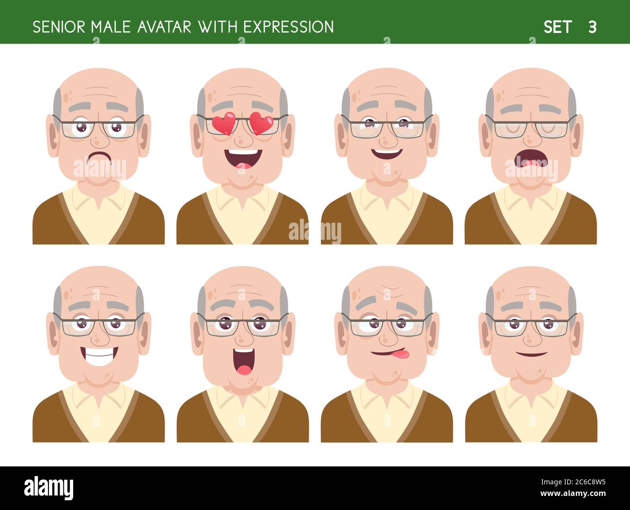 Ensemble d'émotions faciales de grand-père. Personnage de style caricature mâle senior avec différentes expressions. Illustration vectorielle. Illustration de Vecteur