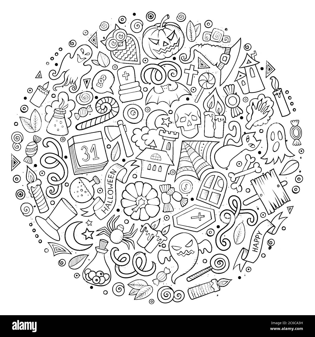 Ensemble d'objets, symboles et éléments de dessin animé d'Halloween Illustration de Vecteur