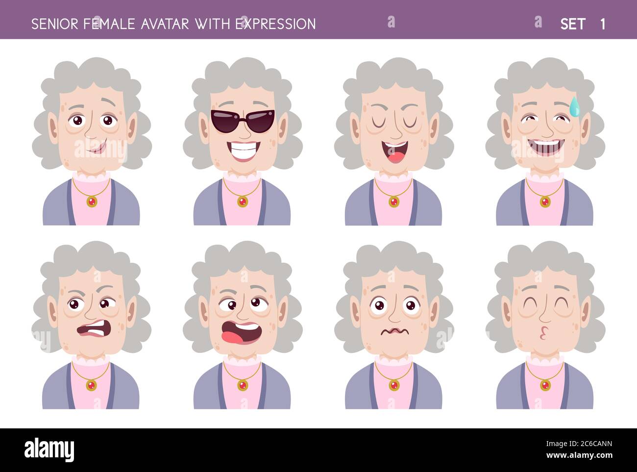 Kit d'émotion faciale grand-mère. Personnage de style caricature féminin senior avec différentes expressions. Partie 1 de 6. Illustration de Vecteur
